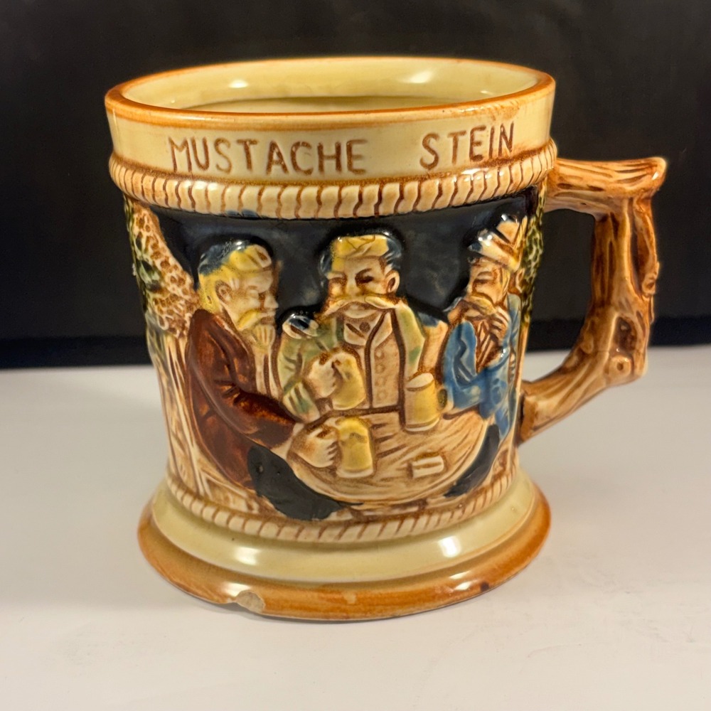 Vintage Lego Japan Ceramic Mustache Stein Tavern Scene Relief Mug Cup MCM